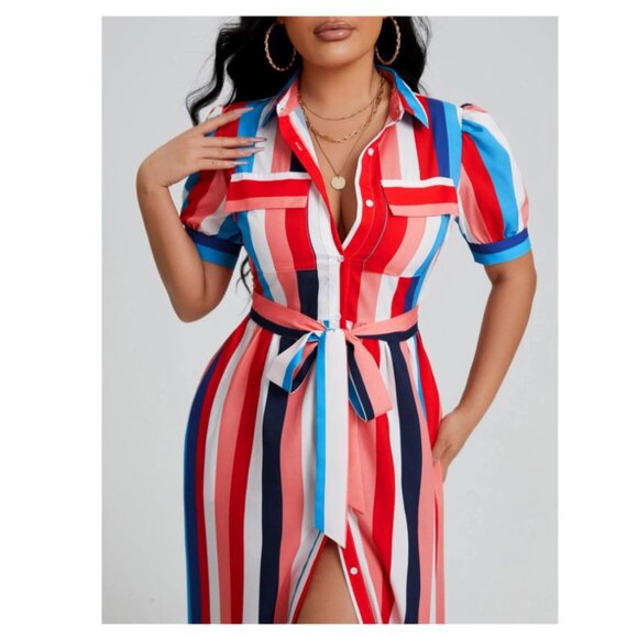 SHEIN VCAY Rainbow Striped Flap Pocket Belted Shirt Dress, Women, Small - Picture 5 of 5